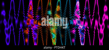 Multicolor verschwommen leuchtende Linien auf schwarzem Hintergrund isoliert. Amplitude Modulation. Dynamic Motion Wellen. Design Template festliche Abbildung Stockfoto