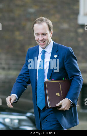 London, Großbritannien. 9. Oktober 2018. Matt Hancock MP, Staatssekretär für Gesundheit und soziale Fürsorge kommt in der Downing Street für die wöchentliche Kabinettssitzung Credit: Amer ghazzal/Alamy leben Nachrichten Stockfoto