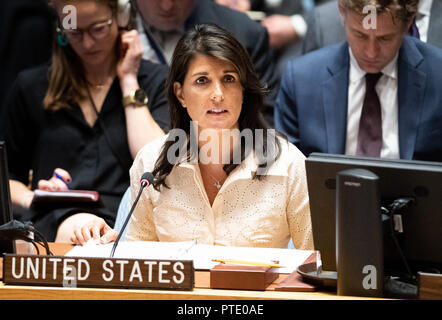 New York, NY, USA. 15 Mai, 2018. Nikki Haley, Botschafter der Vereinigten Staaten bei den Vereinten Nationen, im Sicherheitsrat der Vereinten Nationen die UN-Botschafter bei den Vereinten Nationen ihren Rücktritt am 9. Oktober 2018 angekündigt hat. Der US-Präsident Donald Trump hat bereits ihren Rücktritt akzeptiert. Quelle: Michael Brochstein/SOPA Images/ZUMA Draht/Alamy leben Nachrichten Stockfoto