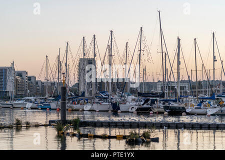 Bucht von Cardiff, Cardiff, Wales, UK, 9. Oktober 2018: Stare in einer riesigen Herde gesammelt und auf eine spektakuläre Show über der Bucht von Cardiff, Cardiff, Wales. Credit: Daniel Damaschin/Alamy leben Nachrichten Stockfoto