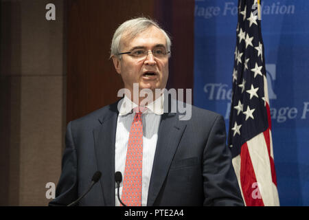 Washington, DC, USA. 9. Okt., 2018. JOHN MALCOLM, Vice President, Institut für verfassungsmäßige Regierung bei der Heritage Foundation in Washington, DC am 9. September 2018. Quelle: Michael Brochstein/ZUMA Draht/Alamy leben Nachrichten Stockfoto