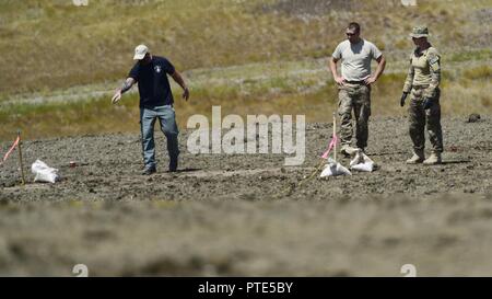 Ein FBI Special Agent Bomb Technician beauftragt 28 Bauingenieur Squadron Explosive Verpackungsverordnung Entsorgung Flieger während der Vorbereitung Sprengstoff während einer Nationalen Improvised Explosive Einarbeitung Kurs an der Ellsworth Air Force Base, S.D., 12. Juli 2017. Die gemeinsame Übung bietet die Möglichkeit für verschiedene Agenturen, zusammen zu arbeiten und ihre Interoperabilität und die Bereitschaft, im Falle einer realen Notfall Stärkung. Stockfoto