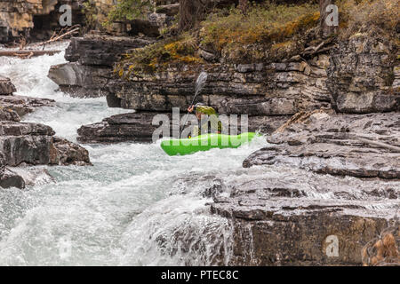 Kayaker verhandeln Stromschnellen auf Beauty Creek im Jasper National Park, Kanada. Stockfoto