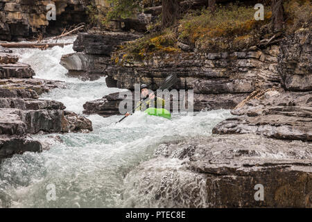 Kayaker verhandeln Stromschnellen auf Beauty Creek im Jasper National Park, Kanada. Stockfoto