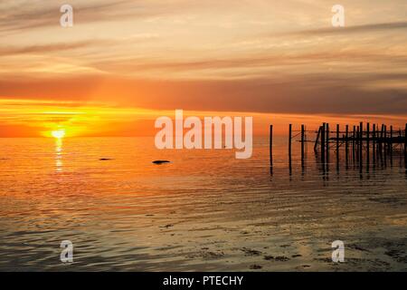 Almaty/Kasachstan - APR 28 2011: Sonnenuntergang am Ufer der Wüste Stadt mit den Ruinen und Überreste der alten Dock Stockfoto