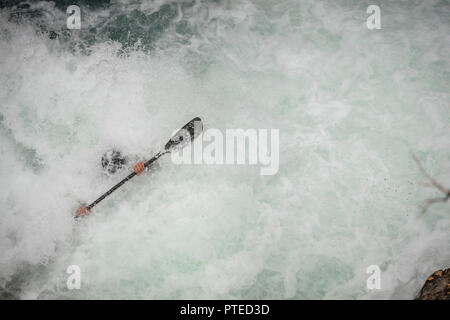 Kayaker verhandeln Stromschnellen auf Beauty Creek im Jasper National Park, Kanada. Stockfoto