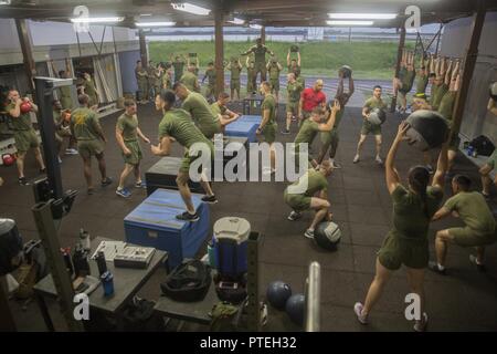 Us-Marines mit Marine Flugzeuge Gruppe 12 Teilnahme an einer körperlichen Fitness Training von Kraft fitness Ausbilder an der Marine Corps Air Station Iwakuni, Japan, 18. Juli 2017 führte. Die Marines wurden von ihrem kommandierenden Offizier und Sergeant Major beigetreten sind, sowie US Marine Corps Brig. Gen. Thomas Weidley, Kommandierender General der 1. Marine Flugzeugflügel. Weidley wurde es für die neuen Marine Corps körperliche Fitness Programm, das hat sich seit seiner Einführung Anfang 2017 gewachsen. Stockfoto