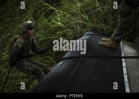 Ein US-Marine mit Alpha Company, 1.BATAILLON, 3. Marine Regiment, rappels, eine Klippe beim Abseilen an der Jungle Warfare Training Center an Bord Camp Gonsalves, Okinawa, Japan, 11. Juli 2017. Die Jungle Warfare Training Center bietet individuelle und Steuereinheit level training Überlebensfähigkeit und Letalität bei einem Dschungel Umgebung erhöhen. Die Hawaii-basierte Bataillon freut sich auf Okinawa, Japan als Teil der Einheit Deployment Program eingesetzt. Stockfoto