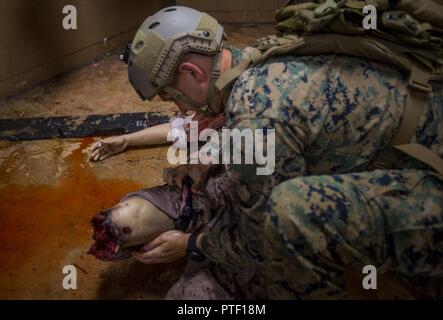 Ein Marine mit 3 Reconnaissance Bataillon, 3rd Marine Division, III Marine Expeditionary Force gilt ein stauschlauch bei einem simulierten Unfall während der Tactical Combat Casualty Care Kurs an der Taktischen medizinische Simulation Center, Camp Hansen, Okinawa, Japan, 13. Juli 2017. Die Marines abgeschlossen eine praktische Anwendung Teil des Kurses, der mit der Anwendung der medizinischen Versorgung in einer Bekämpfung der Umgebung bestand. Stockfoto