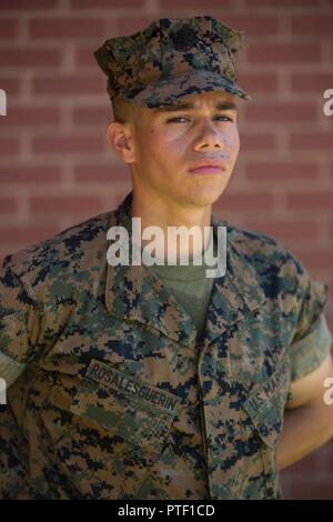 Pvt. Juan C. Rosales Guerin, Platoon 2050, Hotel Company, 2. rekrutieren Ausbildung Bataillon, erwarb die amerikanische Staatsbürgerschaft Juli 13, 2017, auf Parris Island, S.C. Vor verdienen Staatsbürgerschaft, die Bewerber müssen Kenntnisse der englischen Sprache und der amerikanischen Regierung, zeigen gute moralische Charakter und den Treueid auf die US-Verfassung. Rosales Guerin, aus Miami, die ursprünglich aus Mexiko, ist zu graduieren, 14. Juli 2017 geplant. Stockfoto