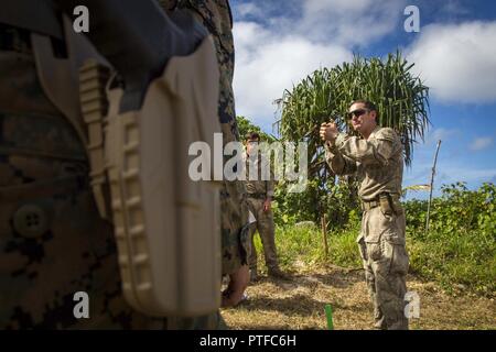 Neuseeland Armee Sgt. Maj. Paul Buckley, company Sergeant Major für delta Unternehmen, zeigt der US-Marines mit 3Rd Battalion 4th Marines zu Task Force Koa Moana 17 angebracht, wie man richtig die Glock 17 während der Übung TAFAKULA, auf der Insel Tongatapu, Tonga, 21. Juli 2017 halten. Übung TAFAKULA ist entworfen, um die militärische zu stärken, und die Beziehungen zwischen der Tonga His Majesty's Armed Forces, Französischen Armee von Neukaledonien, Neuseeland Defence Force, und die Streitkräfte der Vereinigten Staaten. Stockfoto