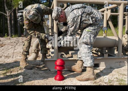 U.S. Army Reserve Soldaten mit der 728Th Quartermaster Unternehmen, Fremont, Neb., bereiten Sie ein 'pig zu rücken", durch die Leitungen während QLLEX 2017, 21. Juli in Fort Bragg, NC. Es ist ein 'Pig' genannt, weil, wie es durch die Leitung unter Druck bewegt, macht es oft ein hohes Pfeifen. QLLEX, kurz für Quartermaster Flüssiglogistik ausüben, ist Premier der US-Armee finden Bereitschaft Übung für Kraftstoff und Wasser Verteilung. Die diesjährigen QLLEX ist nicht nur eine Demonstration der Leistungsfähigkeit, Einsatzbereitschaft und Letalität von America's Army Reserve Kraftstoff und Wasser zu setzen, wo sie am meisten gebraucht wird - Stockfoto