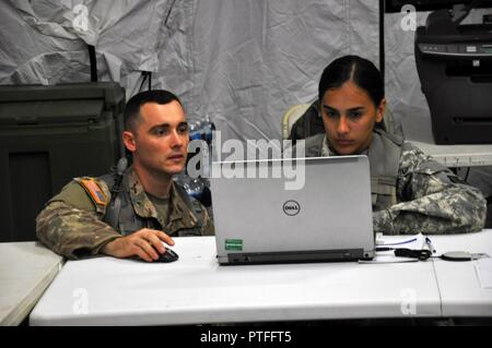 1. Lt. Rene Casas, stärke Manager mit der mit den 166 regionalen Support Group aus Fort Buchanan, Puerto Rico, unterstützt Spc. Valerie Morales, ein Human Resources Specialist mit Die 166 RSG, mit einer Tabellenkalkulation bei der Gemeinsamen Leichenhalle Angelegenheiten Übung Tactical Operations Center auf Fort Pickett, Virginia, 17. Juli 2017. Die Armee finden Soldaten beteiligen sich an der 2017 JMAX zusammen mit aktiven Soldaten, der Luftwaffe und Marine. Stockfoto