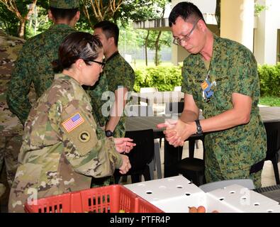 Die 29 Infantry Brigade Combat Team Oklahoma Army National Guard neben Singapur Streitkräfte beteiligen sich in einer kulturellen Austausch Ereignis für übung Tiger Balm 2017 in Singapur Jan. 18, 2017. Hawaii Soldaten versuchten mehrere exotische Lebensmittel Singapur für bekannt ist, beim Aufbau von Beziehungen mit ihren Singapur Gegenstücke. Stockfoto