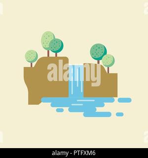 Wasserfall Landschaft im flachen Stil. Vector Illustration Stock Vektor