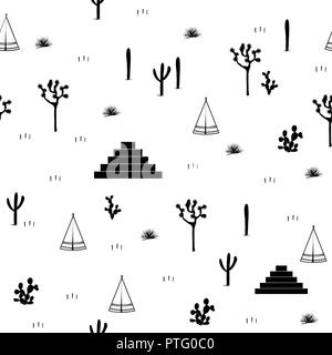 Pyramiden, indische Zelte, Saguaro, Agaven, und Opuntia Kakteen auf weißem Hintergrund. Nettes Design für Textilien, Tapeten, Kinder Industrie. Vektor illustra Stock Vektor