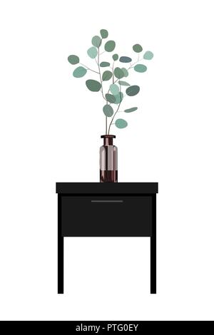 Eukalyptus Niederlassungen in einer dunklen Flasche vase am Nachttisch. Interior Design Element. Weißer Hintergrund. Vector Illustration Stock Vektor
