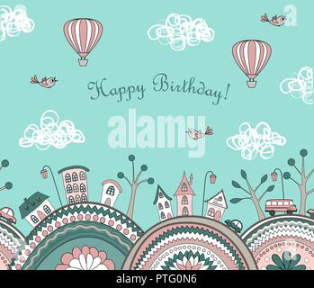 Cute Doodle Kinder Hintergrund mit verzierten Hügel und Cartoon Stadt. Vektor Happy Birthday Card. Pastel palette Stock Vektor