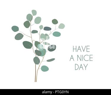 Einen schönen Tag Grußkarte mit Silver Dollar Eukalyptus plant Filialen haben. Von Hand bemalt Eukalyptus Elemente auf weißem Hintergrund. Blaue Kartons Stock Vektor