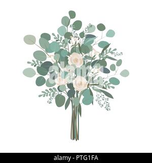 Wedding Bouquet mit rose Blumen, gesät und Silver Dollar Eukalyptus grün. Vector Illustration, isoliert auf weißem Stock Vektor