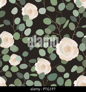Nahtlose Muster mit Eukalyptus- und Rosen. Elegante handgemalten floralen Ornament. Vector Illustration Stock Vektor
