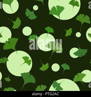 Ginkgo nahtlose Muster auf dunklem Hintergrund mit niedlichen Kreisen. Vector Illustration Stock Vektor