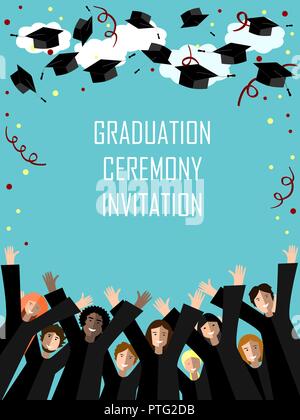 Promotion Plakat mit glücklichen Absolventen werfen Graduierung Hüte in den Himmel. Vector Illustration Stock Vektor