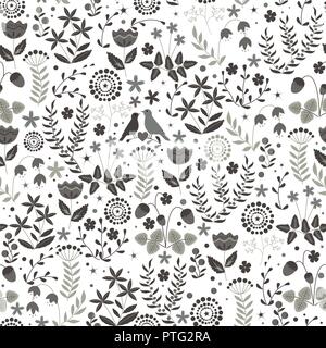 Florale nahtlose Muster mit niedlichen Vögel Paar auf Doodle flower background. Vektor. Grau palette Stock Vektor