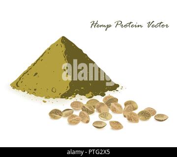 Organische Rohstoffe hanf Protein Pulver und protein Samen isoliert auf Weiss. Vector Illustration Stock Vektor