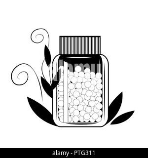 Flasche mit gomeophatic granulas. Homöopathische und pflanzliche Pillen. Gesundheit Konzept. Vector Illustration, Schwarz und Weiß Stock Vektor