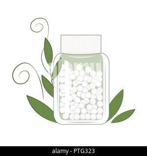 Anlagen- und Flasche mit gomeophatic granulas. Alternative Medizin mit homöopathische und pflanzliche Pillen. Gesundheit Konzept. Vector Illustration Stock Vektor