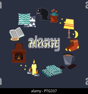 Hygge Rahmen. Vector Illustration mit gemütlichen home Dinge wie Kerzen, Socken, Wrap, Kakao, Kamin. Dänische lebendiges Konzept. Grußkartenvorlage Stock Vektor