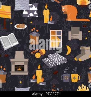 Hygge nahtlose Muster. Vector Illustration mit gemütlichen home Dinge wie Kerzen, Socken, Wrap, Kakao, Kamin. Dänische lebendiges Konzept. Grußkarte te Stock Vektor