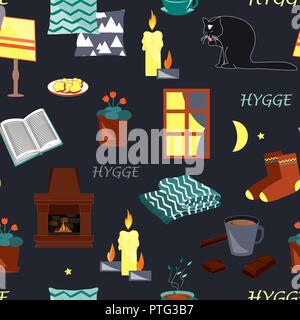 Hygge nahtlose Muster. Vector Illustration mit gemütlichen home Dinge wie Kerzen, Socken, Wrap, Kakao, Kamin. Dänische lebendiges Konzept. Grußkarte te Stock Vektor