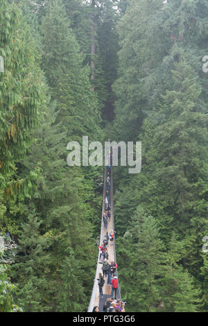 VANCOUVER, Kanada - 11. SEPTEMBER 2018: Besucher die 450 ft Capilano Suspension Bridge in Vancouver Stockfoto