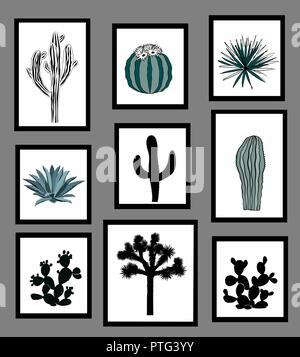 Wall Bilder Sat mit schwarzen und weißen Silhouetten von Kakteen, Agaven und Feigenkakteen. Interior Design Elemente. Vector Illustration Stock Vektor