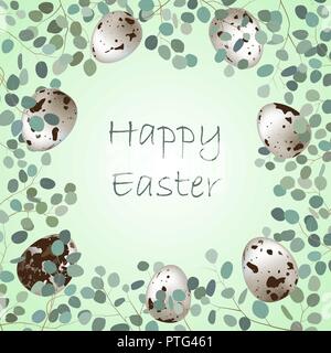 Frohe Ostern und Frühling Grußkarte Rahmen. Wachteleier und Blatt Zweige von Eukalyptus Hintergrund. Vector Illustration Stock Vektor
