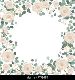 Weiße Rose Blumen und Silver Dollar Eukalyptus Rahmen. Gruß, Hochzeit Vorlage laden. Quadratischen rahmen Grenze mit Platz für Text. Vector Illustration Stock Vektor