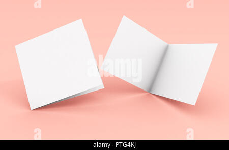 Leeres Quadrat bifold Broschüre auf rosa Hintergrund, 3D-Rendering Stockfoto