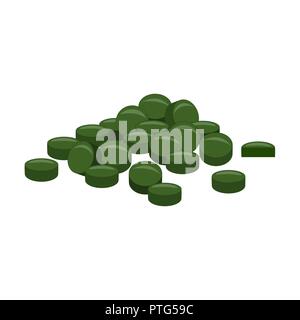 Spirulina, Chlorophyll, oder Chlorella Tabletten auf weißem Hintergrund. Design Element für Verpackungen. Flache Vector Illustration Stock Vektor