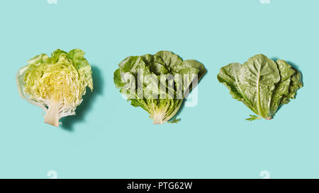 Satz halbiert Kohl und frischen grünen Salat auf einem blauen Hintergrund mit kopieren. Diät essen. Flach Stockfoto