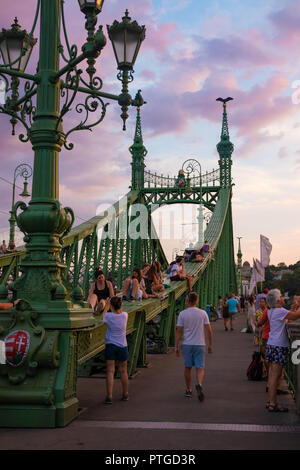 Die Freiheitsbrücke in Budapest ist gelegentlich für den gesamten Verkehr gesperrt, Menschen gehen, klettern und feiern auf ihr. Stockfoto