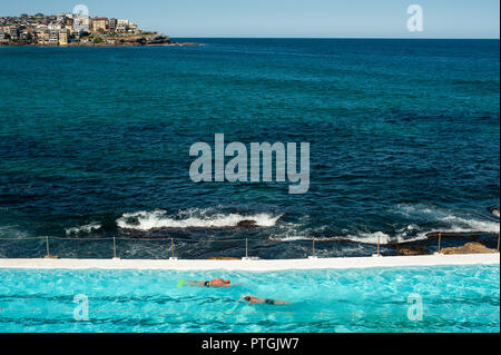 21.09.2018, Sydney, New South Wales, Australien - zwei Schwimmer werden gesehen, ihre Runden schwimmen im Außenpool des Bondi Icebergs Swimming Club. Stockfoto