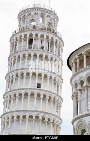 Schiefe Turm von Pisa (Torre Pendente di Pisa), das Campanile oder Glockenturm der Kathedrale von Pisa wieder eine weiße Wolke Hintergrund. Toskana, Italien Stockfoto