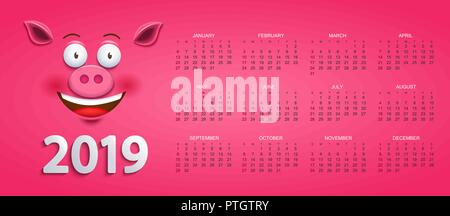 Cute Kalender für 2019 Jahr mit lächelnden Schwein Gesicht auf rosa Hintergrund. Holiday Event Planner. Woche beginnt Sonntag. Vector Illustration. Stock Vektor
