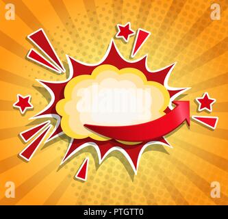 Comic Boom Frame in Retro Pop Art Stil auf sunburst Hintergrund. Zeichen der Explosion, Aufkleber Tag, Angebot Label, Werbung Abzeichen, Banner. Vector Illustration. Stock Vektor