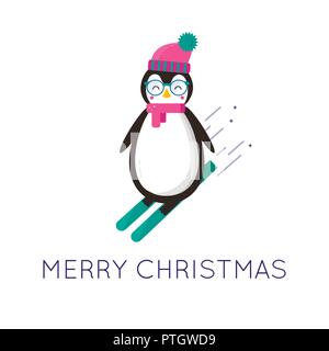 Frohe Weihnachten Grußkarte, niedliche Tiere: Pinguin mit Mütze, Schal, Brillen und Skifahren. Flat Style von Icons für präsentiert, Einladung, Kinder Stock Vektor