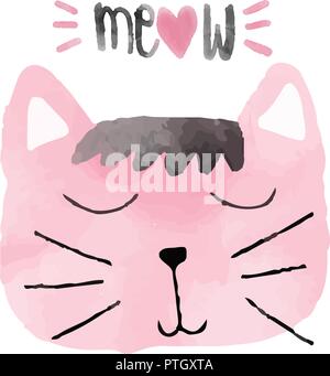 Aquarell rosa lustige Katze Idee für Karte Stock Vektor