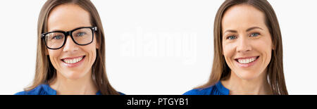 Dieselbe Frau mit und ohne Brille Stockfoto