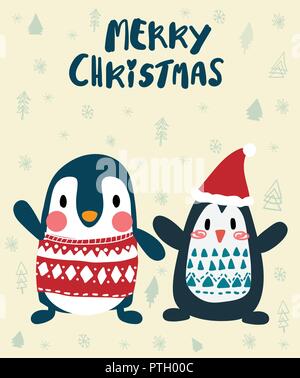 Pinguine im Winter frohe Weihnachten Karte Stock Vektor